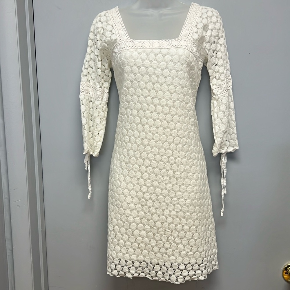 Anthropologie Solitaire by Ravi Khosla White Crotchet Lace Boho 70’s Dress
